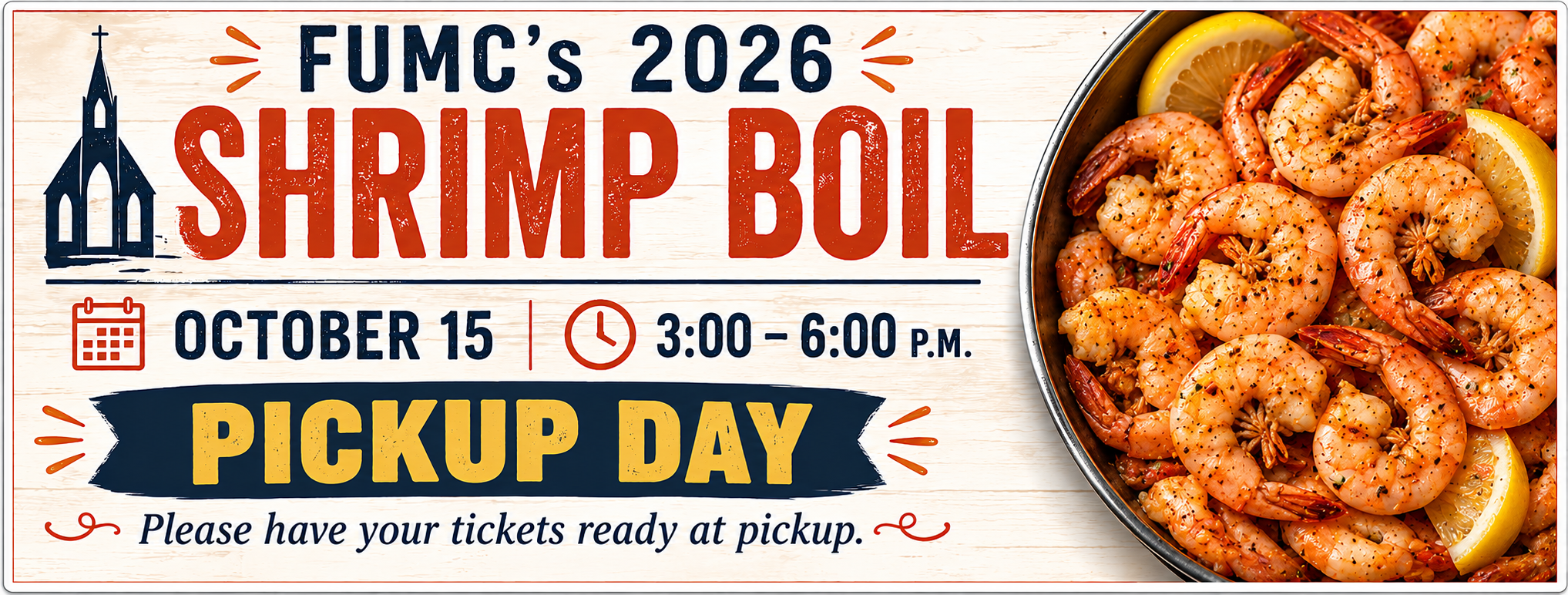 FUMC's 2026 Shrimp Boil, October 15, 3:00 to 6:00 p.m.